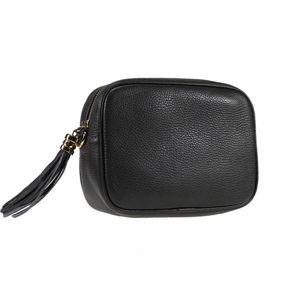 Stylish Black Italian Leather Crossbody Camera Bag with Tassel